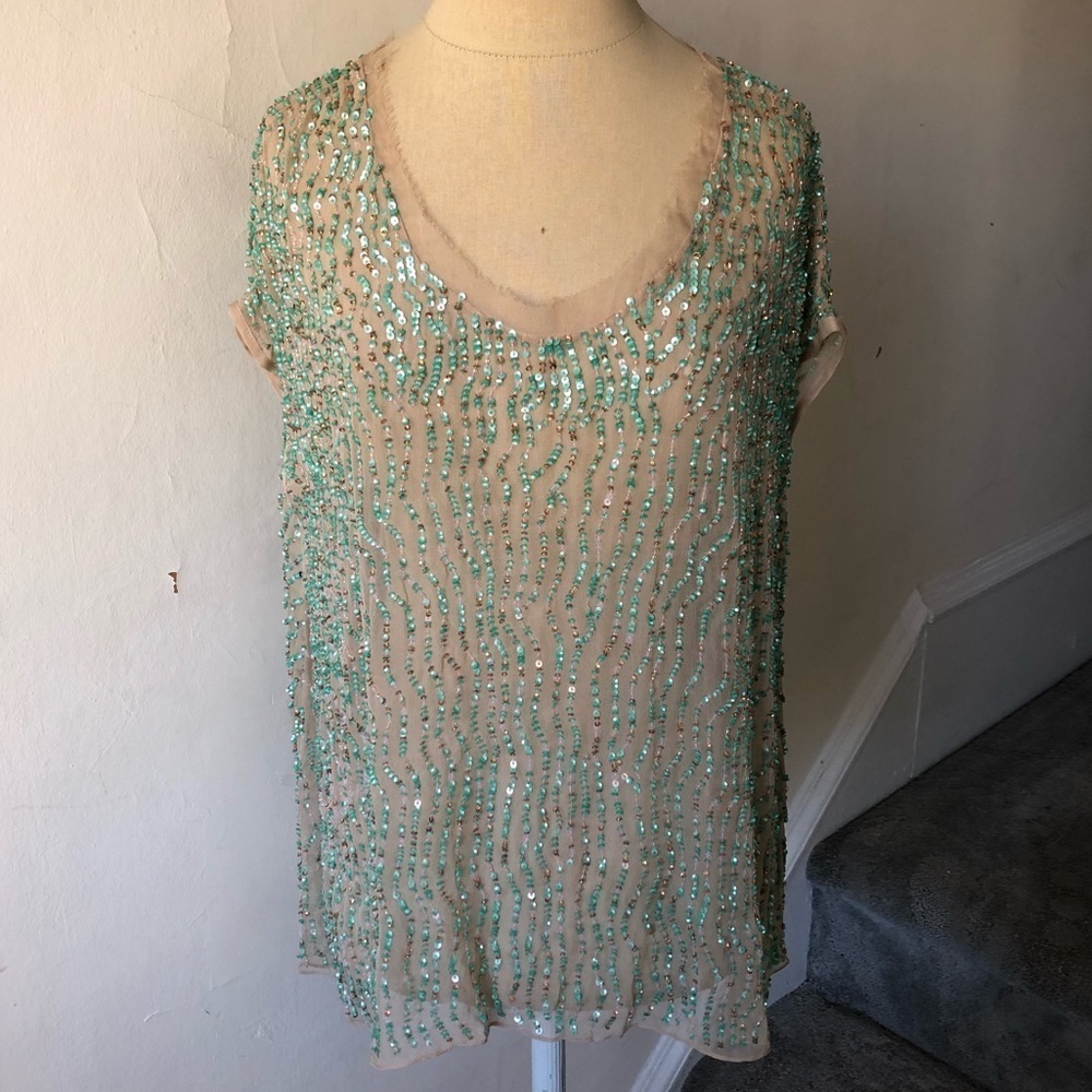 Parker Sheer Nude Silk Green Sequin Blouse